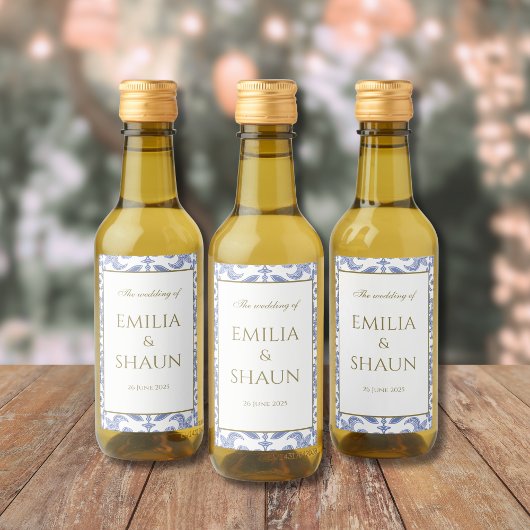 -stijl Dusty Blauw en Wit Patroon Wijn Etiket