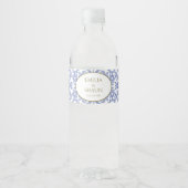 -stijl Dusty Blauw en Wit Patterned Waterfles Etiket (Voorkant)
