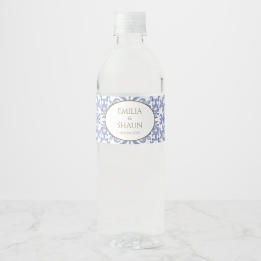 -stijl Dusty Blauw en Wit Patterned Waterfles Etiket (Voorkant)