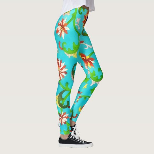  stijl Floral Aqua Blue Kleurrijke Kunst Leggings (Rechts)