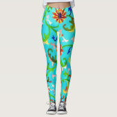  stijl Floral Aqua Blue Kleurrijke Kunst Leggings (Voorkant)