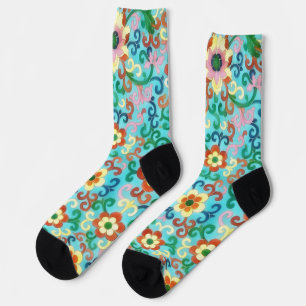  stijl Floral Art Aqua en Oranje Sokken
