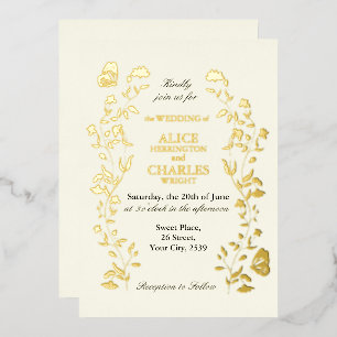 stijl Floral Gold en Cream Wedding Folie Uitnodiging