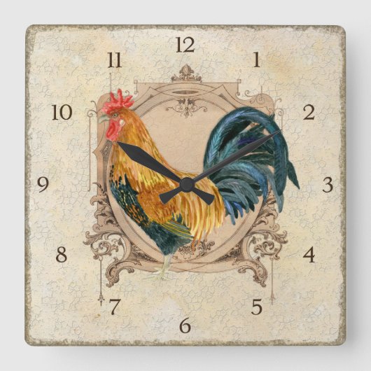  stijl Frans land Rustic Barn Rooster Vierkante Klok (Voorkant)