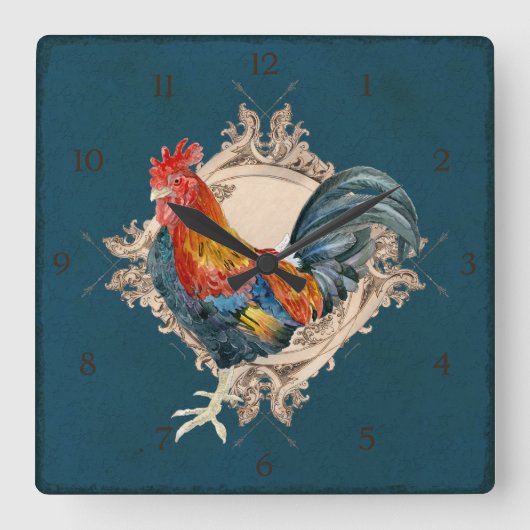  stijl Frans land Rustic Barn Rooster Vierkante Klok (Voorkant)