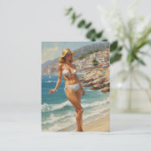  stijl Franse Riviera Travel Beach Girl Briefkaart (Staand voorkant)