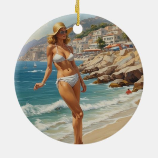  stijl Franse Riviera Travel Beach Girl Keramisch Ornament (Achterkant)