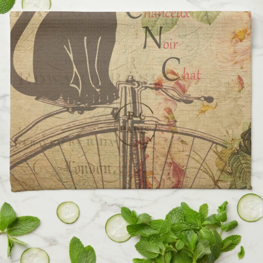 stijl Franse zwarte kat Ephemera Theedoek (Gevouwen)