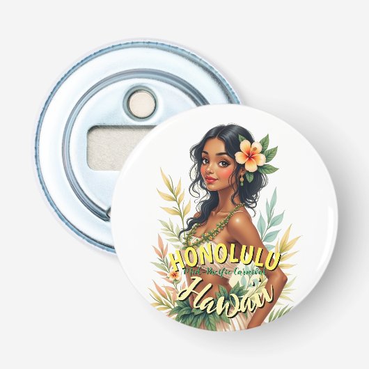  Stijl Hawaii Reizen Honolulu Hula Meisje Button Flesopener (Voorkant)