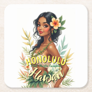 Stijl Hawaii Reizen Honolulu Hula Meisje Kartonnen Onderzetters