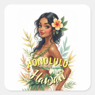  Stijl Hawaii Reizen Honolulu Hula Meisje Vierkante Sticker