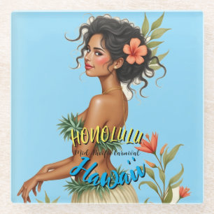  stijl Hawaiian Travel Honolulu Hula Meisje Glazen Onderzetter