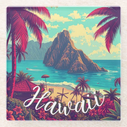  stijl Hawaiian Travel Honolulu Mid-Pacific Glazen Onderzetter (Voorkant)