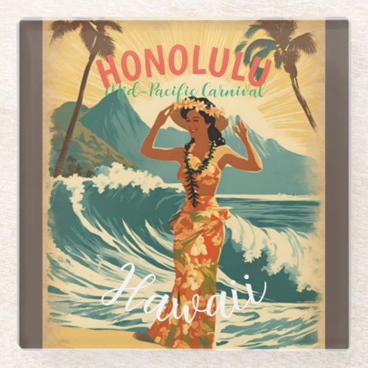  stijl Hawaiian Travel Honolulu Mid-Pacific Glazen Onderzetter (Voorkant)