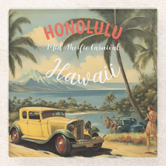  stijl Hawaiian Travel Honolulu Mid-Pacific Glazen Onderzetter (Voorkant)