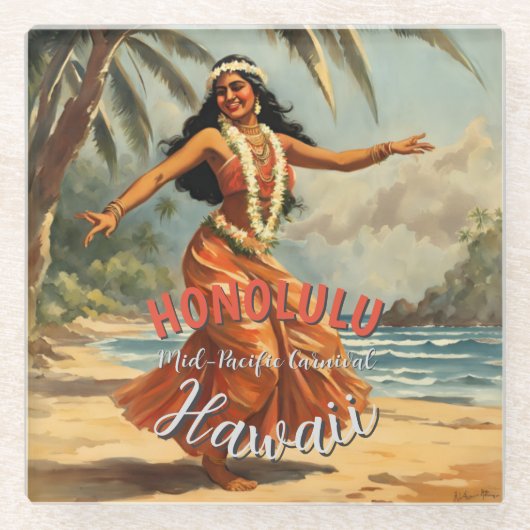  stijl Hawaiian Travel Honolulu Mid-Pacific Glazen Onderzetter (Voorkant)