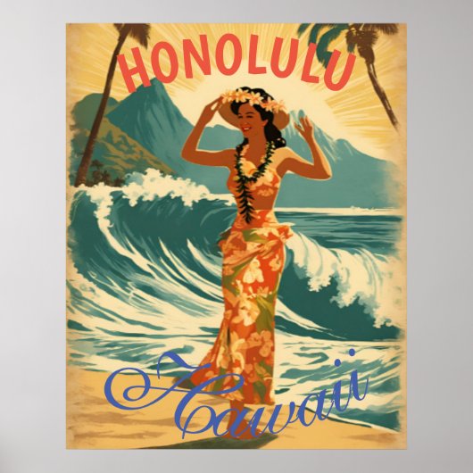  stijl Hawaiian Travel Honolulu Mid-Pacific Poster (Voorkant)