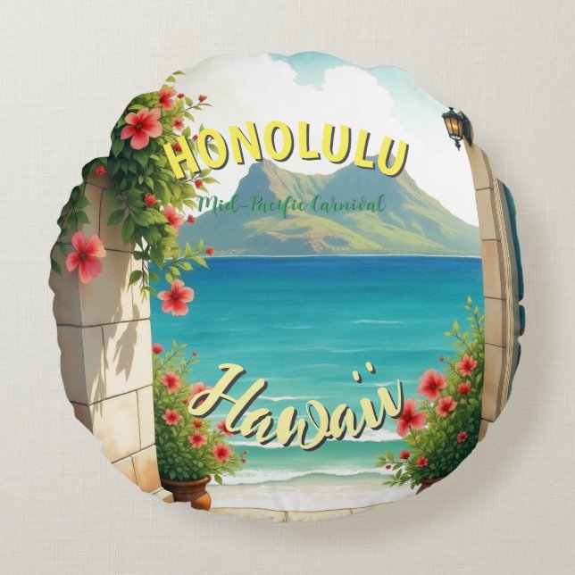  stijl Hawaiian Travel Honolulu Mid-Pacific Rond Kussen (Voorkant)