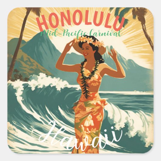  stijl Hawaiian Travel Honolulu Mid-Pacific Vierkante Sticker (Voorkant)
