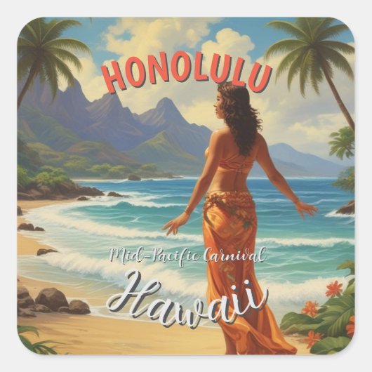  stijl Hawaiian Travel Honolulu Mid-Pacific Vierkante Sticker (Voorkant)