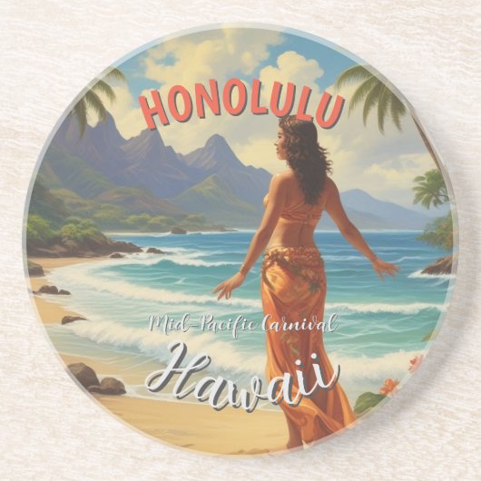  stijl Hawaiian Travel Honolulu Mid-Pacific Zandsteen Onderzetter (Voorkant)