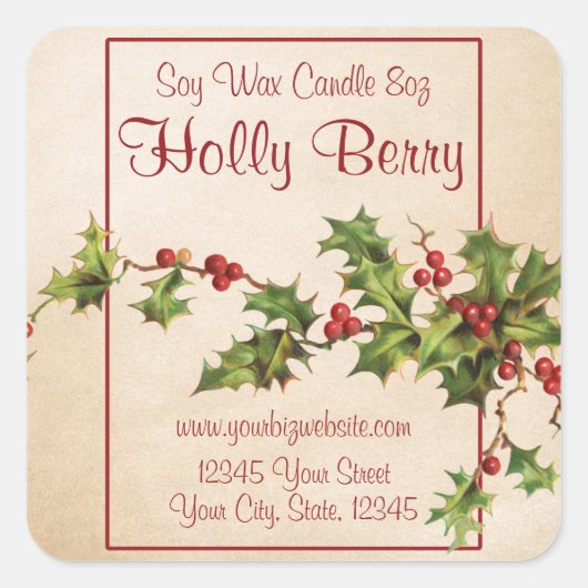  stijl Holly Berry kerstkaarslabel Vierkante Sticker (Voorkant)