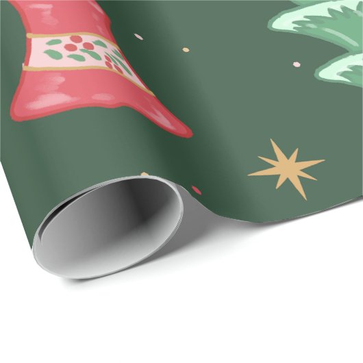 stijl kerst ornament patroon - groen cadeaupapier (Rol Hoek)