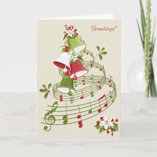  stijl Musical Bells Poinsettias Holly Feestdagen Kaart (Voorkant)