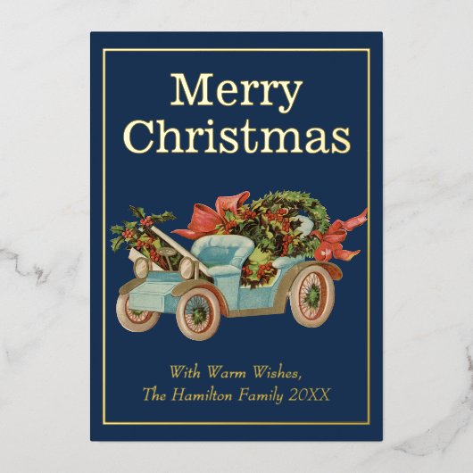 stijl Oude auto Mistletoe Kerstmis Goud Folie Feestdagenkaart (Voorkant)