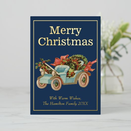 stijl Oude auto Mistletoe Kerstmis Goud Folie Feestdagenkaart (Staand Voorkant)