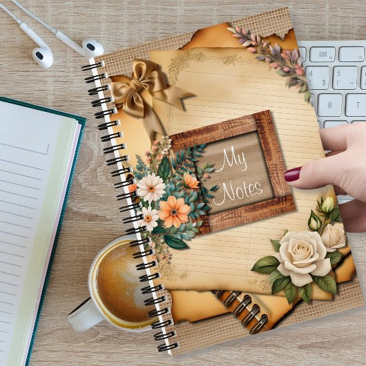  Stijl Oude Papier Bloemen op Hessian Notitieboek