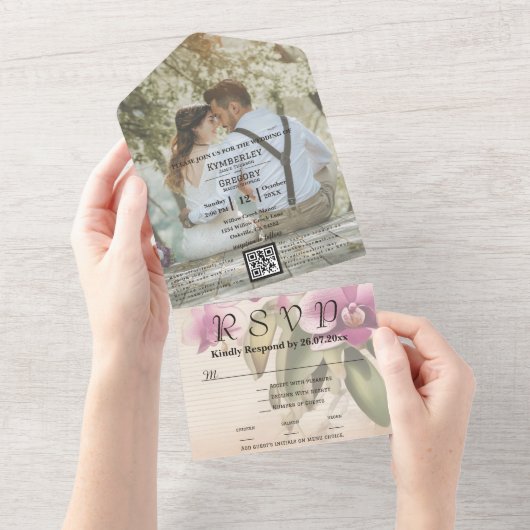 Stijl Paarse Orchidee Foto QR Code Website All In One Uitnodiging (Afscheurbaar)