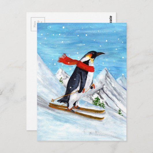  stijl Penguin Downhill Skiing Briefkaart (Voorkant / Achterkant)