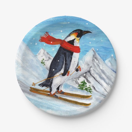 stijl Penguin Downhill Skiing Papieren Bordje (Voorkant)