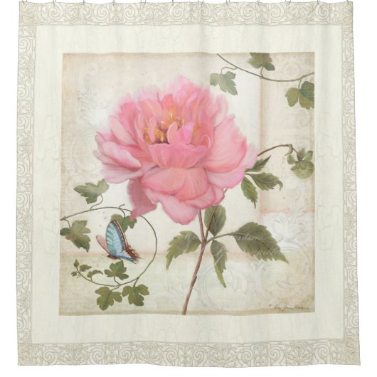  stijl Peony Flower w Butterfly in Foliage Douchegordijn (Voorkant)