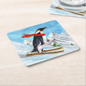  stijl pinguïn afdaling skiën kartonnen onderzetters (Schuin)