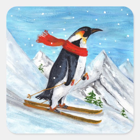  stijl pinguïn afdaling skiën vierkante sticker (Voorkant)
