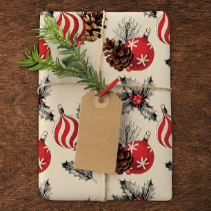 stijl rode kerst ornamenten rustiek cadeaupapier