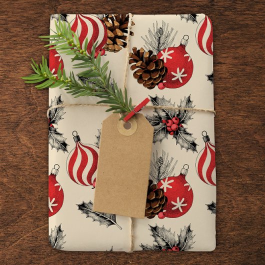 stijl rode kerst ornamenten rustiek cadeaupapier