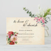  Stijl Roze Rood Bloemen Zwart Script bruiloft Kaart (Staand voorkant)