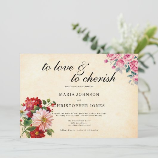  Stijl Roze Rood Bloemen Zwart Script bruiloft Kaart (Staand voorkant)