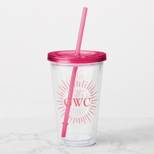 Stijl Roze Sunburst Custom Monogram Acryl Drinkbeker (Achterkant)