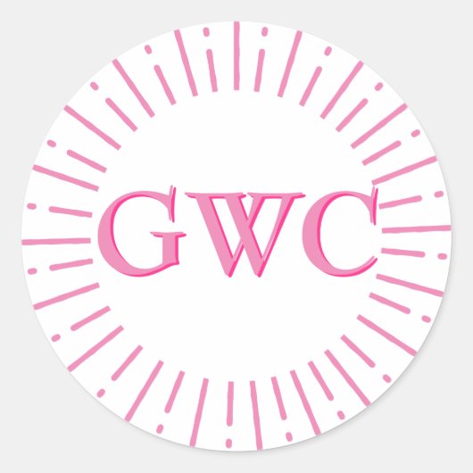 Stijl Roze Zon Burst Custom Monogram Ronde Sticker (Voorkant)