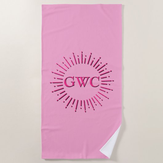 Stijl Roze Zon Burst Custom Monogram Strandlaken (Voorkant)