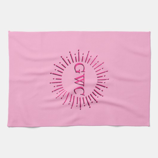 Stijl Roze Zon Burst Custom Monogram Theedoek (Horizontaal)