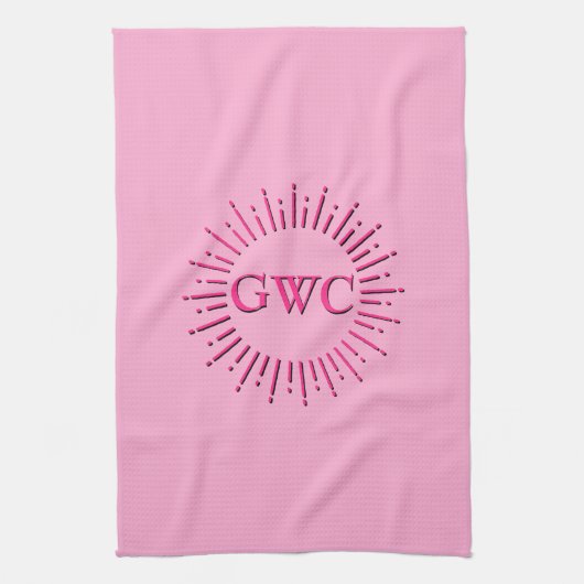 Stijl Roze Zon Burst Custom Monogram Theedoek (Verticaal)