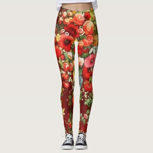  Stijl Rozen Art Granaat Rode Leggings (Voorkant)