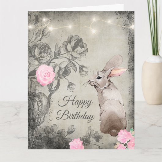  stijl Rozen en konijn grote verjaardag Kaart (Voorkant)