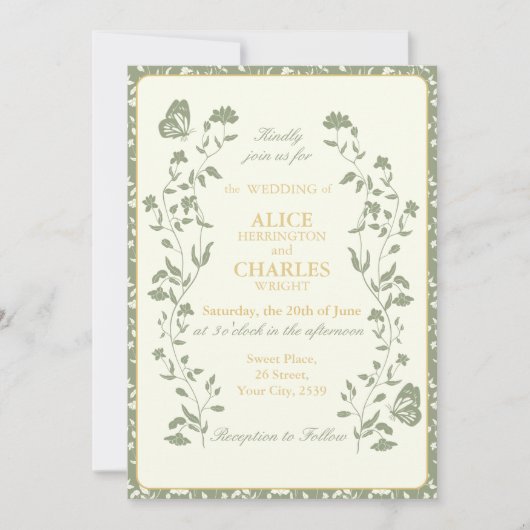  stijl Sage Green en Cream Wedding Kaart (Voorkant)