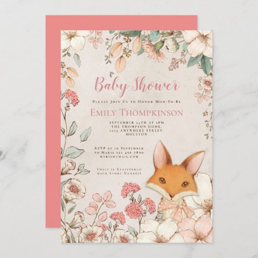  stijl Schattige Fox Florals Cream Baby shower Kaart (Voorkant / Achterkant)